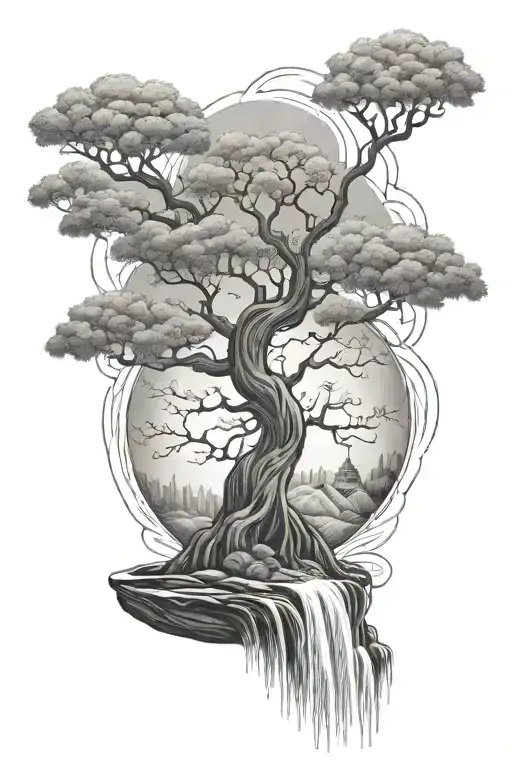 tree of life growing out of waterfall flowing tattoo design idea