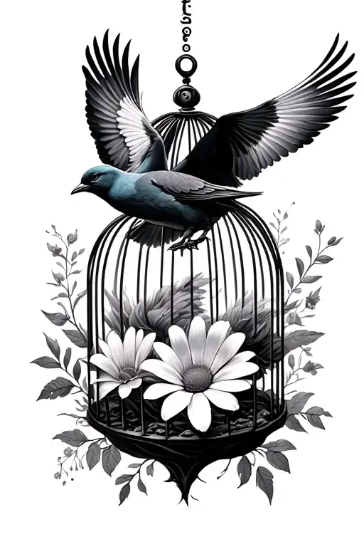 and still I rise, open cage three birds flying out, 4 birth month flowers nov april march oct blooming from ashes tattoo design idea