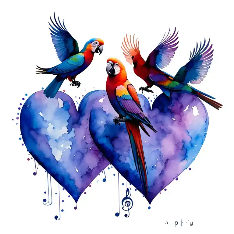 3 parrots carrying musical score flying out of heart  tattoo design idea