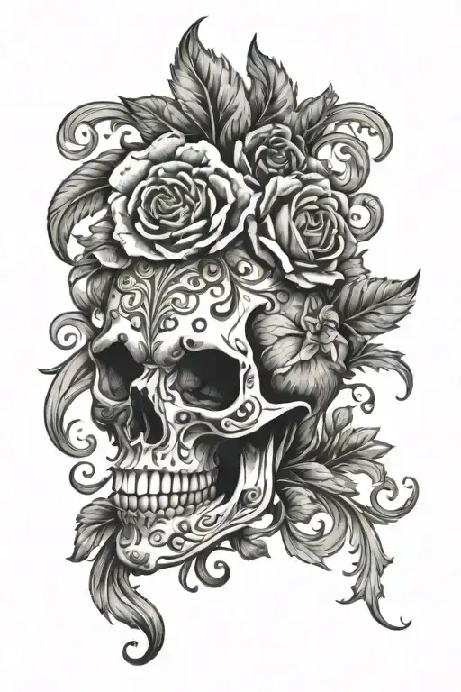 skull half bear with flourishes black and grey tattoo tattoo design idea