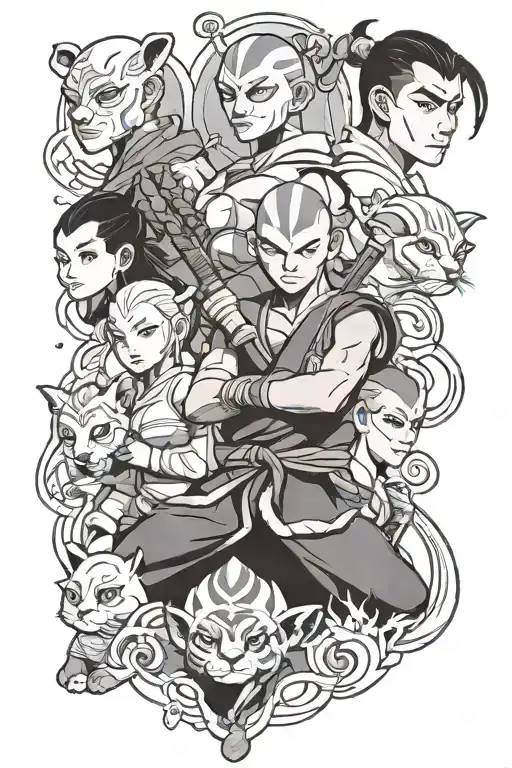 avatar the last airbender tattoo featuring the main characters: aang, katara, sokka, zuko, toph, momo and appa tattoo design idea