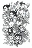avatar the last airbender tattoo featuring the main characters: aang, katara, sokka, zuko, toph, momo and appa tattoo design idea