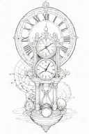 An abstract representation of the passage of time using a combination of a clock, hourglass, and sundial, with each element symbolizing a different era in history tattoo design idea