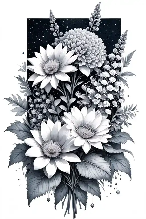 Leo and Virgo constellations, bouquet of asters, delphinium, water lilies and morning glories tattoo design idea