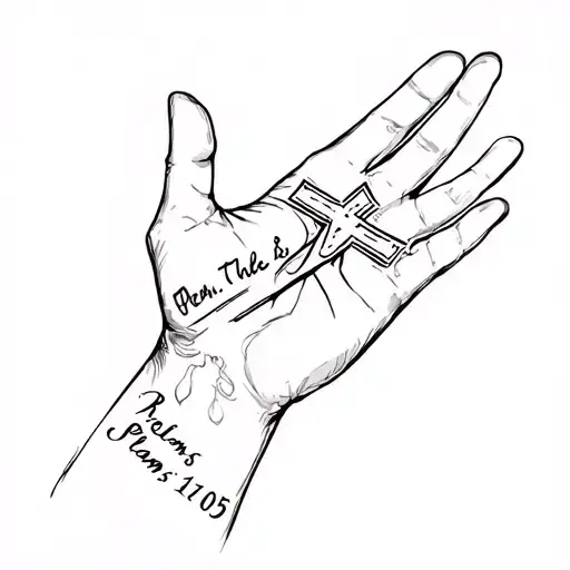 "Psalms 119:105" hand tattoo with cross on side of the hand with words writen inside the cross tattoo design idea