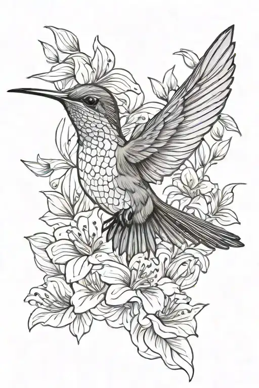 humming bird with flowers tattoo design idea