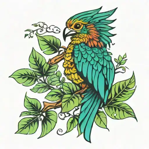 quetzal with monstera leaves tattoo design idea