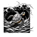 sea turtle under rough ocean waves tattoo design idea