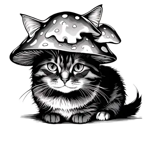cat sitting with shroom hat tattoo design idea