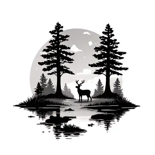 forest landscape with pond and two deer tattoo design idea