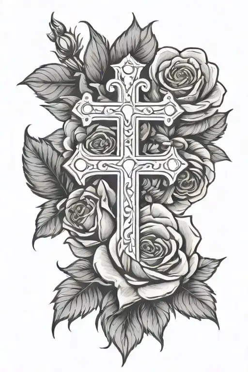 men's cross and roses tattoo design idea