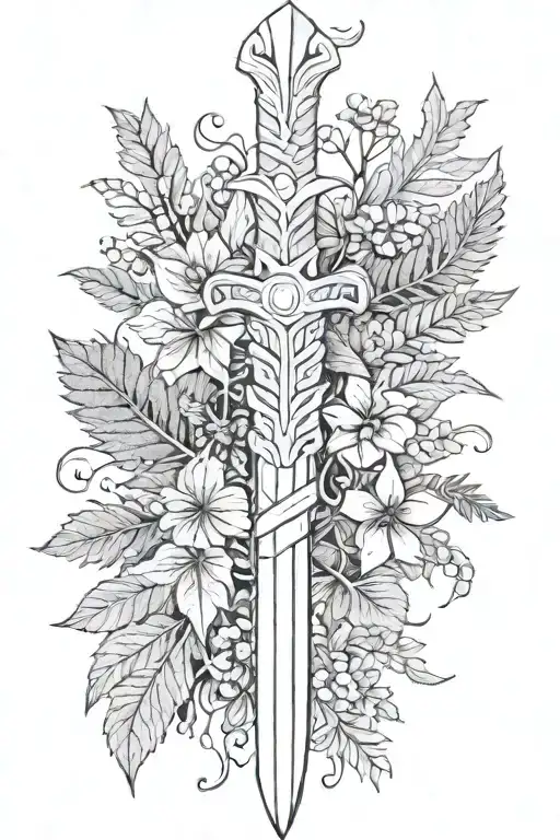 Loki's dagger with moth with fern and flowers and ; and Hades symbol tattoo design idea