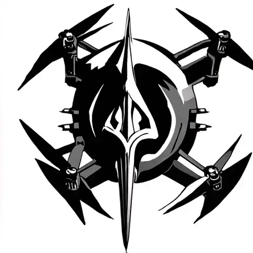 tattoo designs combining an fpv drone and Ukrainian trident tattoo design idea