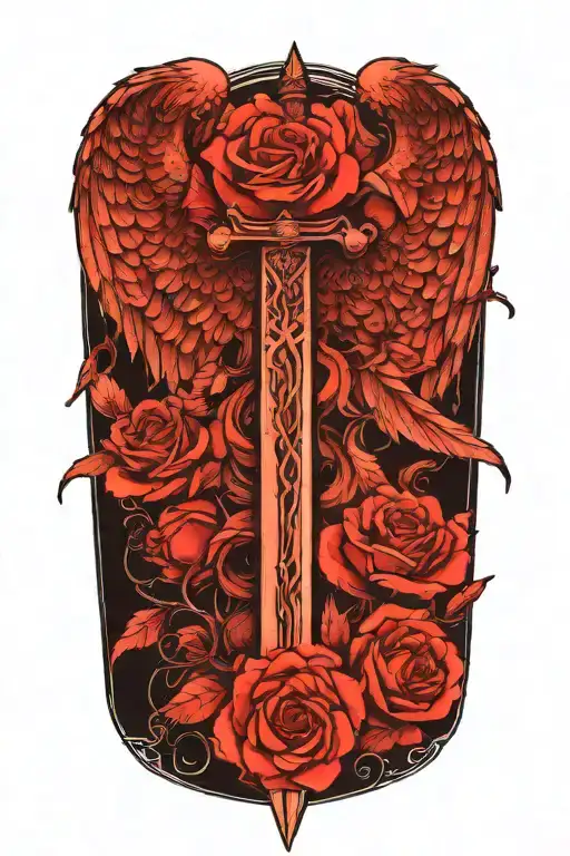 angel wings behind sword, roses tattoo design idea