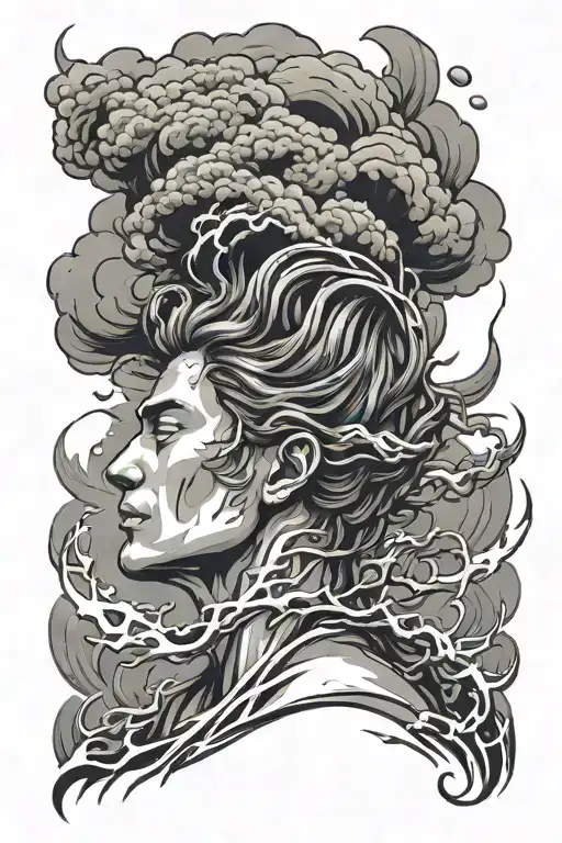 chaotic tornado above the head of a man meditating tattoo design idea