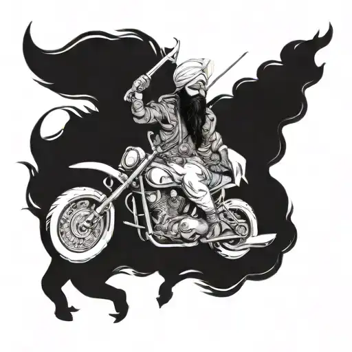 A fierce sikh warrior riding a powerful muscle car into battle tattoo design idea