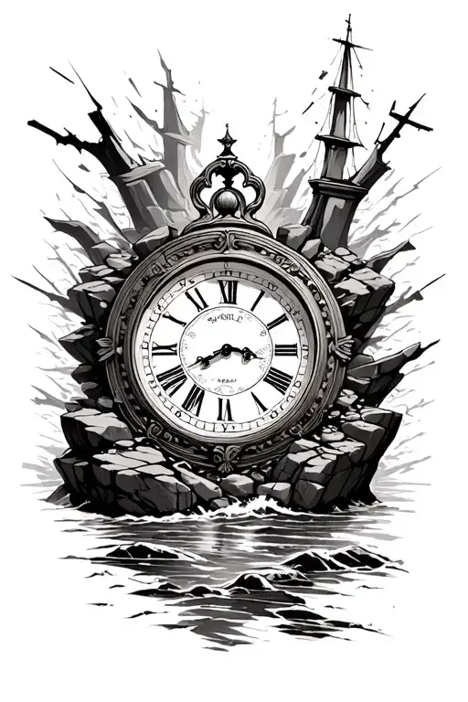 grandfather clock rocky shoreline shattered remains tattoo design idea