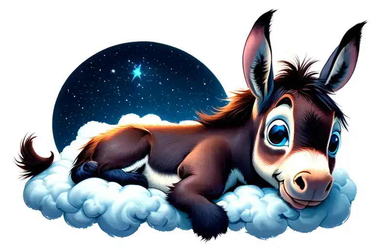 Silly looking donkey, cuddling with the charachter stitch. laying on a big cloud under the moon with lots of stars. tattoo design idea