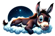 Silly looking donkey, cuddling with the charachter stitch. laying on a big cloud under the moon with lots of stars. tattoo design idea