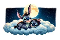 Silly looking donkey, cuddling with the charachter stitch. laying on a big cloud under the moon with lots of stars. tattoo design idea