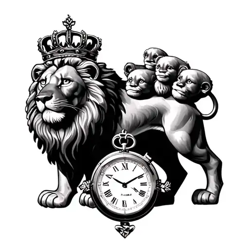lion with 4 baby's and Claddagh crown and stopwatch  tattoo design idea