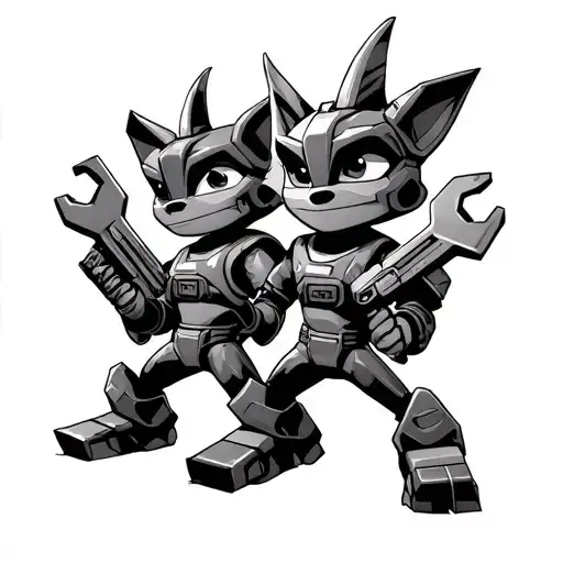 Ratchet and Clank characters with a wrench and blaster tattoo design idea