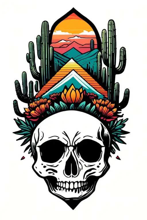desert sunset with cactus and skull tattoo design idea