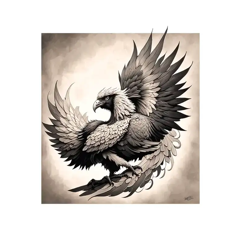 micro realism tattoo design of a phoenix, hyper realistic details, fine line, black and grey, soft shading tattoo design idea