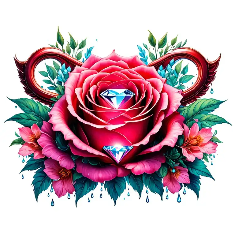 1 diamond in middle, rose, rain, surrounded by floral ovaries fallopian tubes uterus vagina, fertility, goddess tattoo design idea