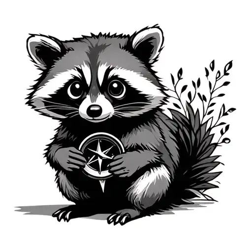 cute racoon sitting holding a compass tattoo design idea