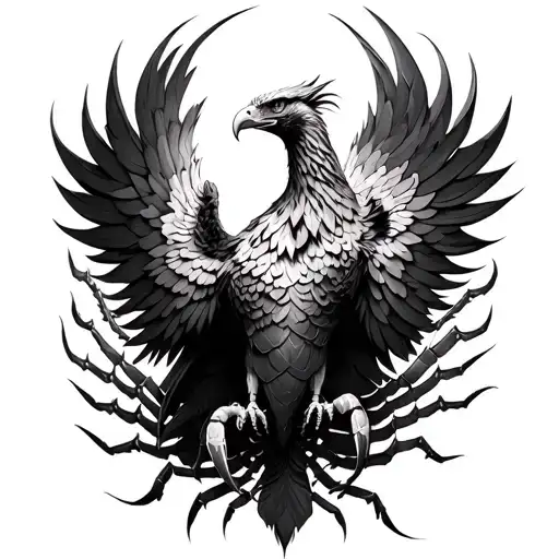A phoenix transforming into an eagle, surrounded by scorpion scales. tattoo design idea