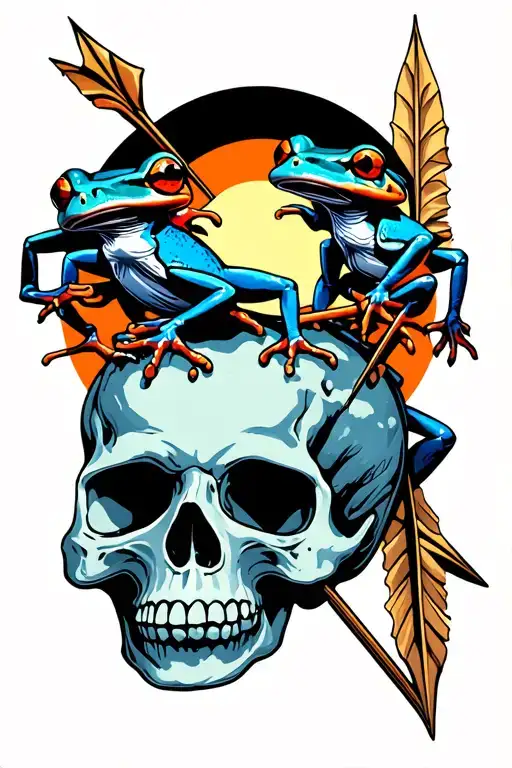 poison dart frogs climbing on skull with arrow through it black sun background tattoo design idea