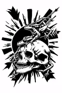 poison dart frogs climbing on skull with arrow through it black sun background tattoo design idea