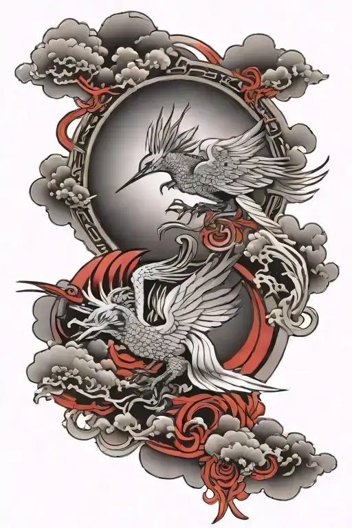 Japanese dragon and Japanese cranes flying with red sun tattoo design idea