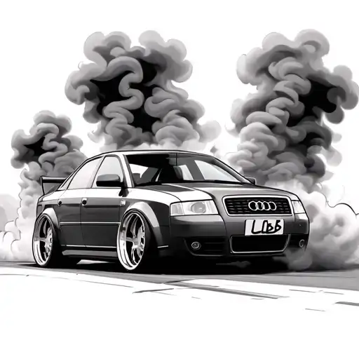 2001 audi a4 doing a rear wheel drive burnout smoke with a turbo and a cross in the smoke with LLB on the license plate  tattoo design idea
