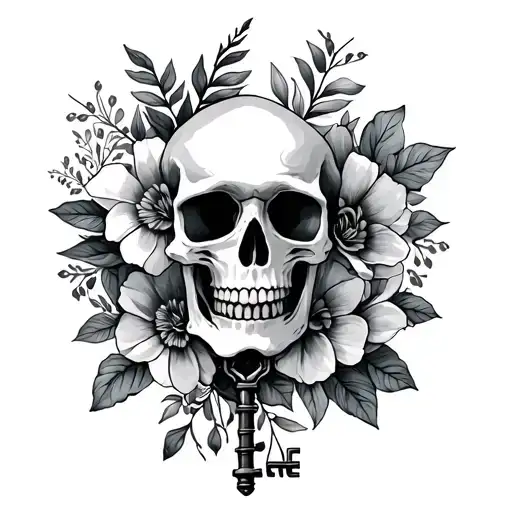 skeleton floral key palm size tattoo design idea