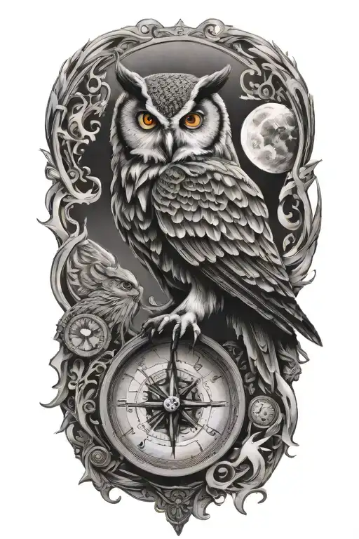 earth, moon, compass, time, owl, phoenix tattoo design idea