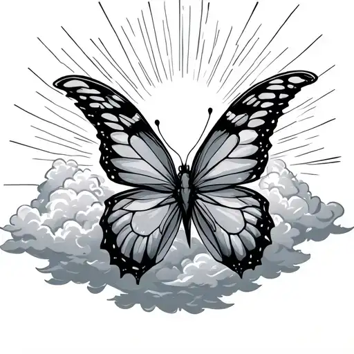 butterfly flying out of clouds and sun rays  tattoo design idea