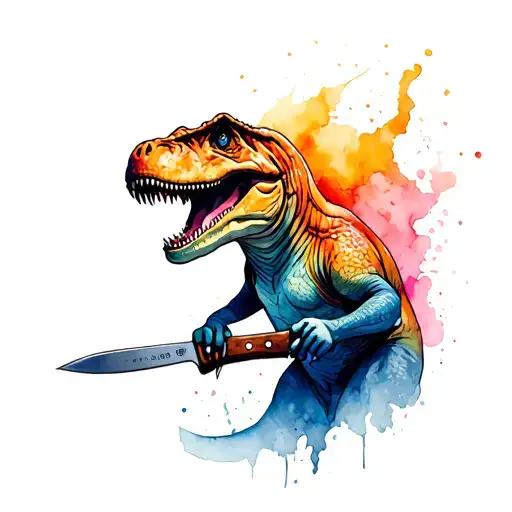 trex holding a knife colored like a children's drawing tattoo design idea