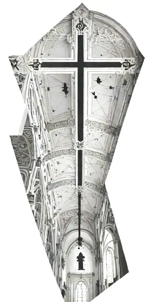 The inside of a catholic church with an upside down cross tattoo design idea