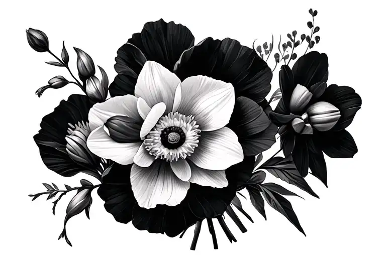 daffodil, gladilous, poppy bouquet wrapped loosely tattoo design idea