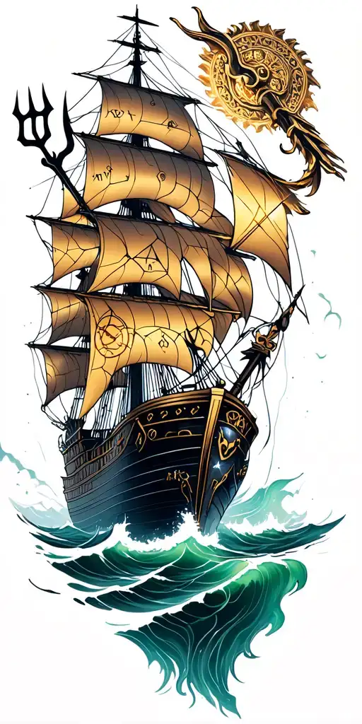 Poseidon with trident sinking a ship sailing through stormy seas tattoo design idea