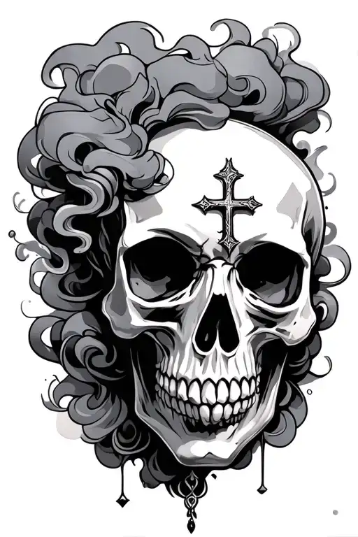 skull with smoke around and a cross surrounded cute and aesthetic  tattoo design idea