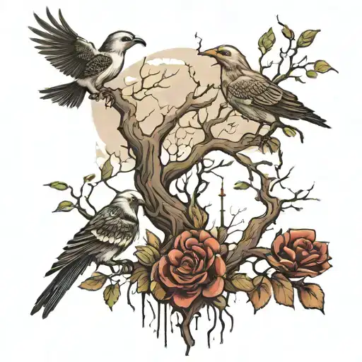 poison tree with birds and fog tattoo design idea