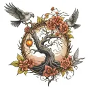 poison tree with birds and fog tattoo design idea