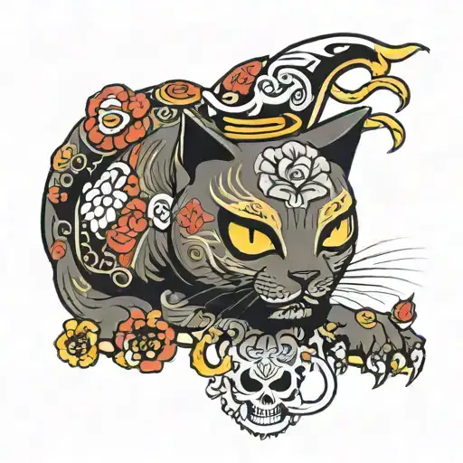 lucky cat with skull face  tattoo design idea