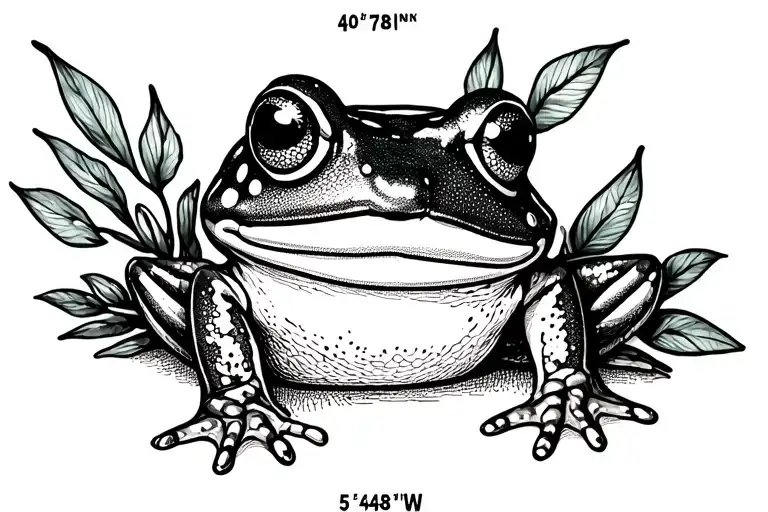 small minimalist tatoo with the coordinates:"40°57'08''N 5°40'17''W" in one line and a cute little frog next to it tattoo design idea