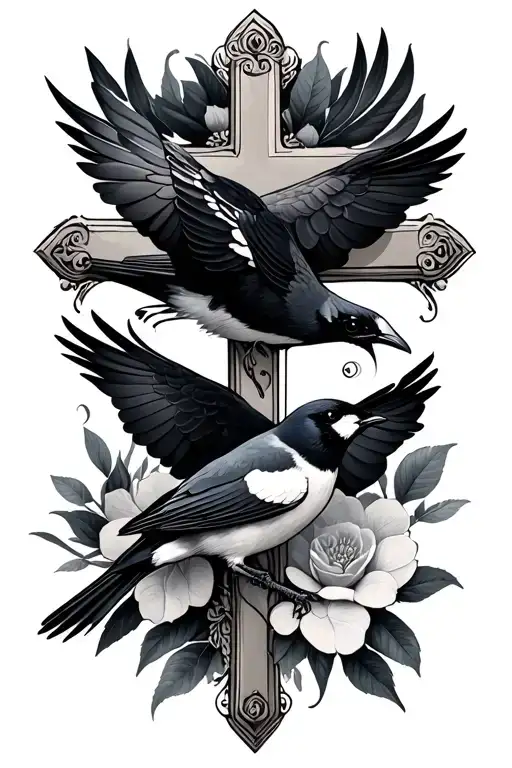 dainty cross with magpies tattoo design idea