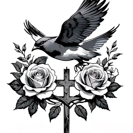 bird flying towards two roses and Jesus cross surrounded tattoo design idea