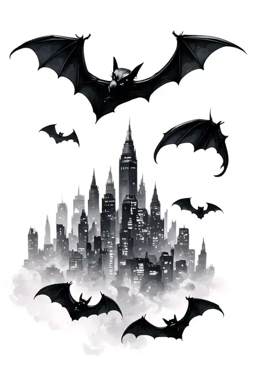 bats flying in the sky with a city skyline gothic scenery tattoo design idea